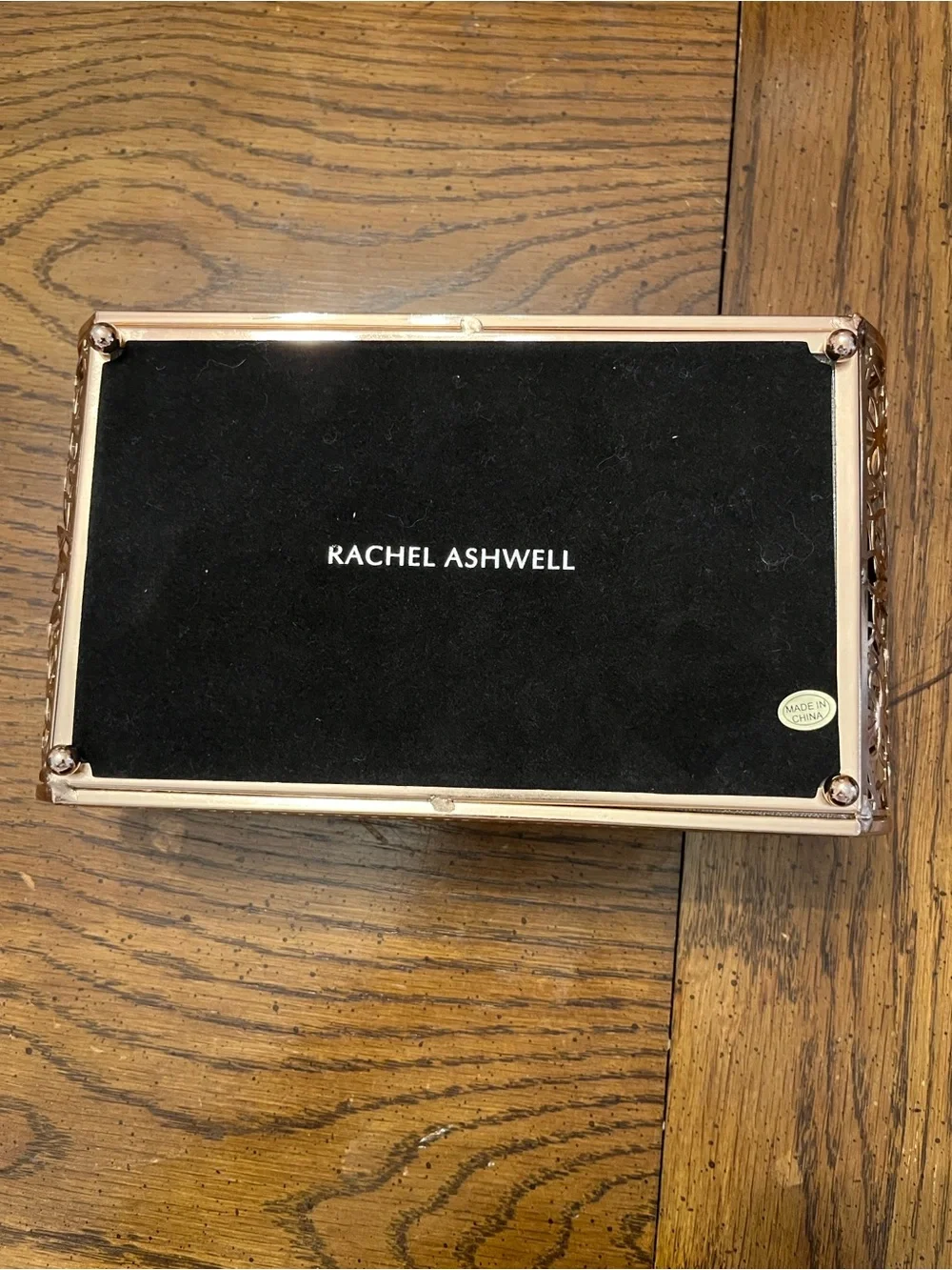Rachel Ashwell Glass Jewelry Display Box with Rose Gold Trim and Gray Lining